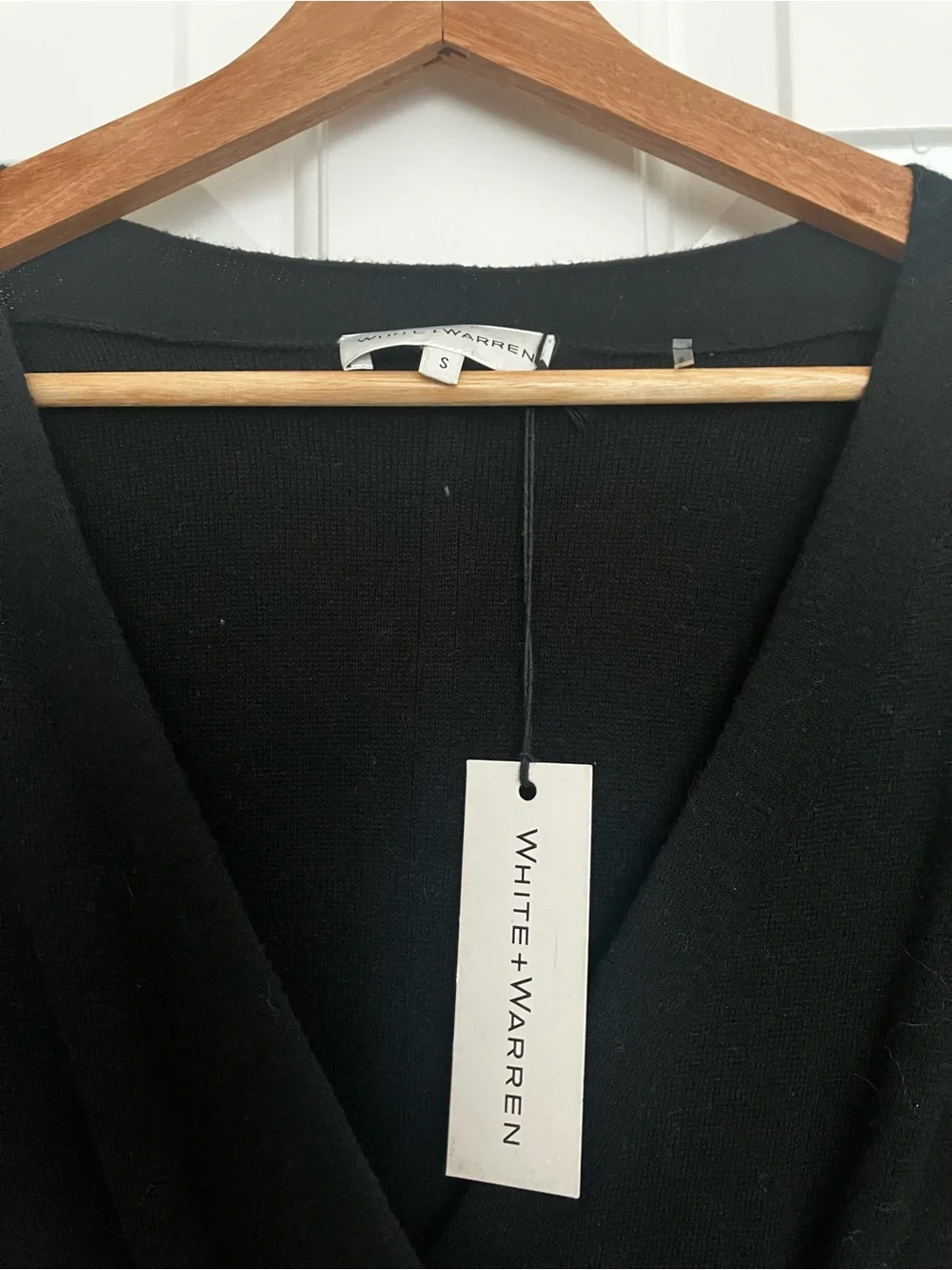 White + Warren Silk Blend Black Faux Wrap Pull Over V-Neck Sweater